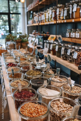 A picturesque display of bulk food options with an emphasis on plastic free packaging and sustainable grocery shopping