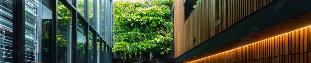 A sleek contemporary office with a focus on sustainability featuring a vertical garden A sleek contemporary office with a focus on sustainability featuring a vertical garden