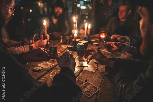 A skilled card game unfolding at a saloon table under dim candlelight photo