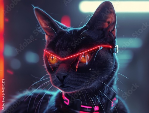 A sleek black cat with neon glowing eyes channeling a futuristic superhero vibe