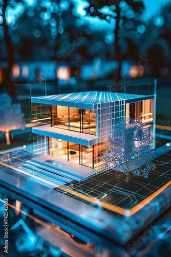A sleek presentation of a wireframe house by a real estate agent culminating in a futuristic holographic contract agreement