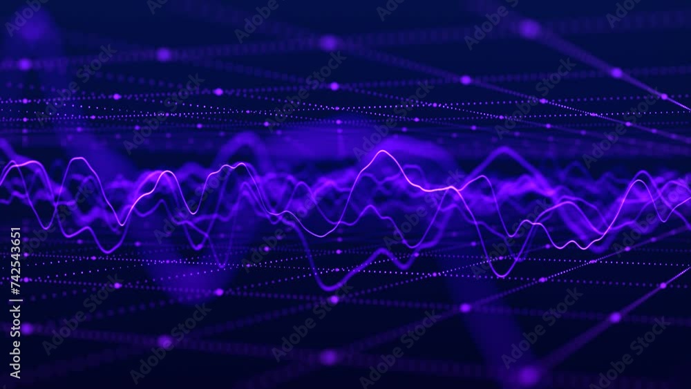 Wave of particles. Futuristic pattern of dots and lines on a dark background. Visualization of sound waves. Big data digital code. Technology or science banner. 3D rendering. 4K animation. Wave of particles. Futuristic pattern of dots and lines on a dark background. Visualization of sound waves. Big data digital code. Technology or science banner. 3D rendering. 4K animation.