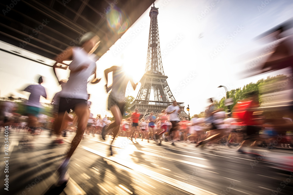 Blurred athletes jogging near the Eiffel tower in Paris, France. 2024 Olympic games in France concept - obrazy, fototapety, plakaty 