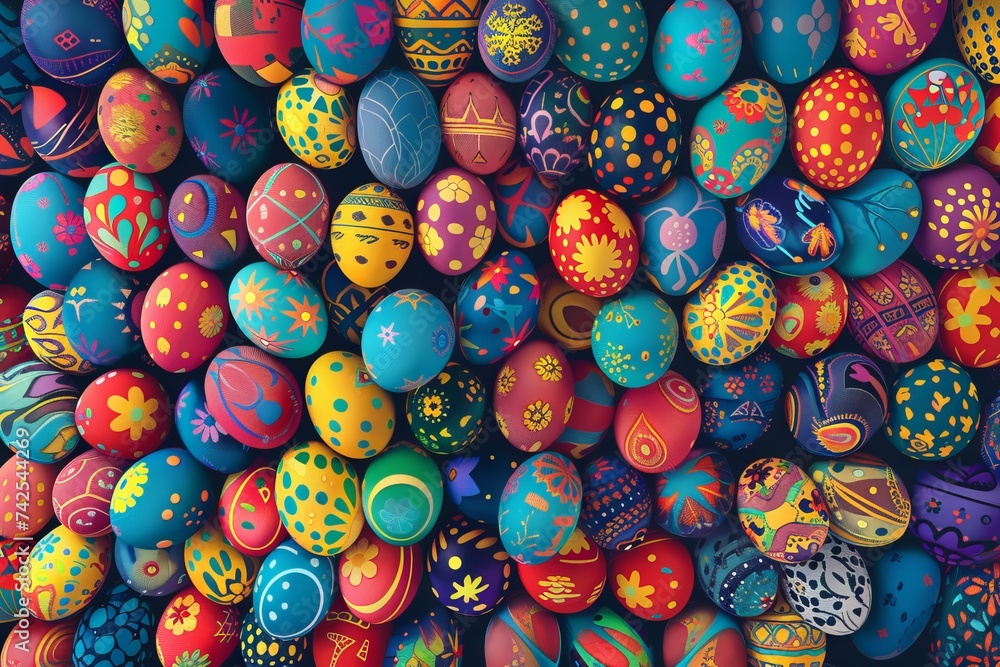 Easter eggs in various colors and patterns arranged on a wooden table