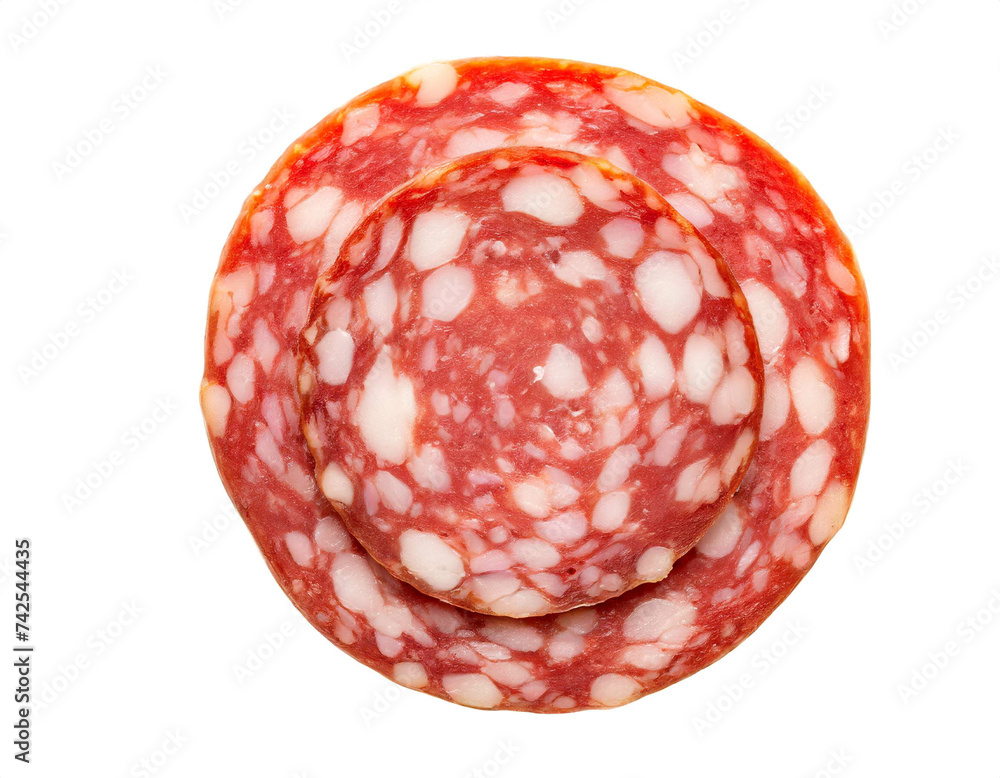 Salami scheiben isoliert auf weißen Hintergrund, Freisteller , Draufsicht Salami scheiben isoliert auf weißen Hintergrund, Freisteller , Draufsicht
