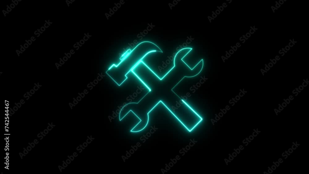 Neon glowing cyan tools icon animation in black background Neon glowing cyan tools icon animation in black background