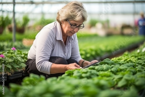 caucasian senior woman farmer using digital tablet for greenhouse management and monitoring