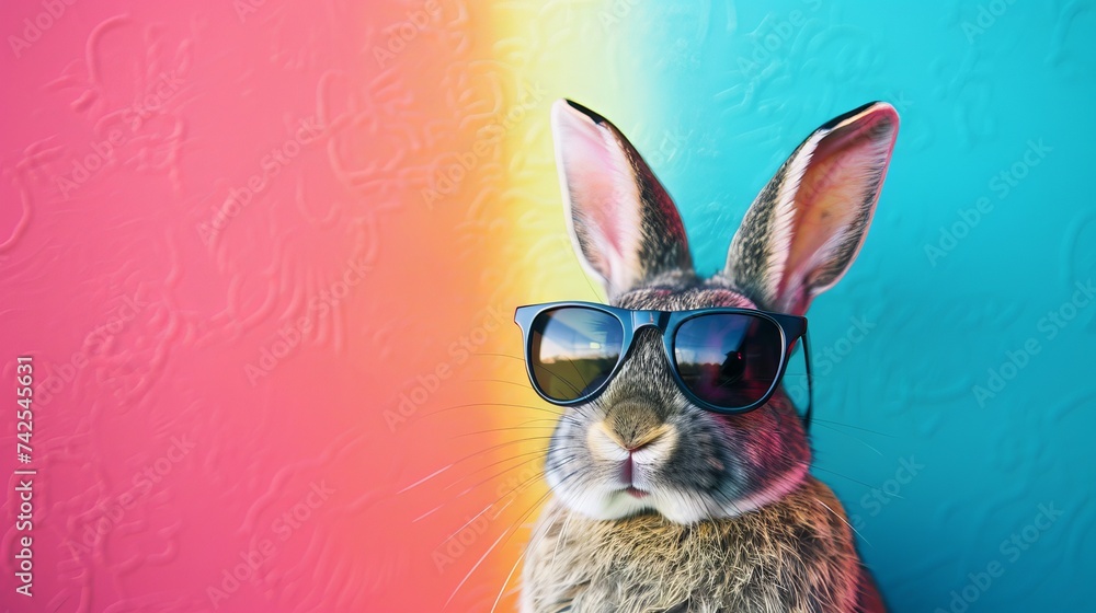 Cool and funny rabbit wearing stylish shades against a vibrant backdrop of rainbow colors, Easter bunny concept