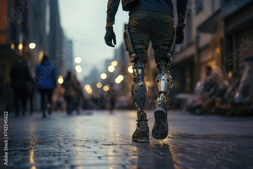 A man walks along a city street with a bionic prosthetic leg. Development of prosthetic technologies. Health of disabled people. The ability to walk like healthy people