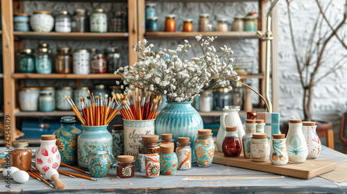 Assorted painted pottery on a workbench with brushes, a blue vase, and white flowers in a creative workshop