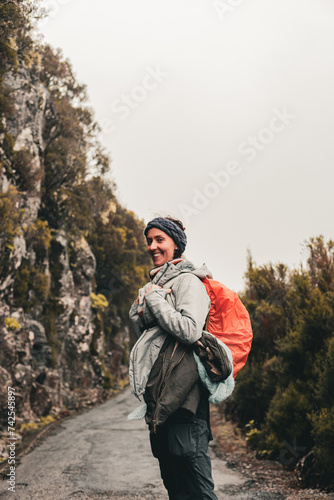 Woman happy summer, hiking trip with bagpack