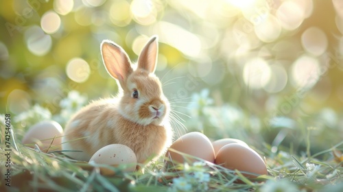 cute eater natural background with eggs and bunny and copy space for text