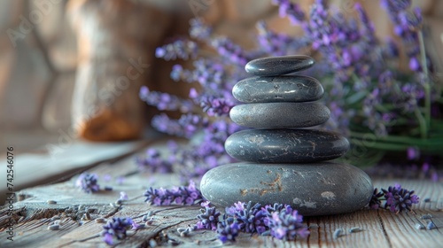 Still life composition in a spa setting featuring a stack of stones and lavender