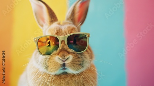 Cute and funny rabbit wearing stylish shades against a vibrant backdrop of rainbow colors