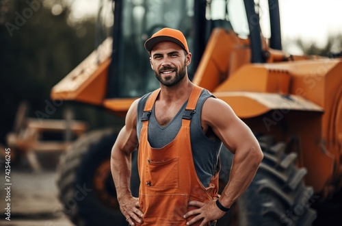 construction worker standing in front of bulldozer on a construction site