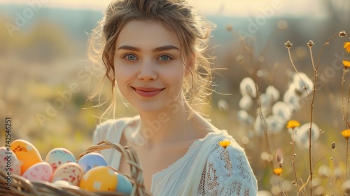The beautiful girl in the white dress is smiling and looking at the camera in...