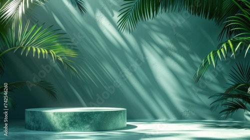 Green Abstract Background with Palm Leaf Shadow for Presenting Cosmetic Produ...