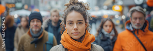 A large group of people standing in the street, with the focus on a woman loo...