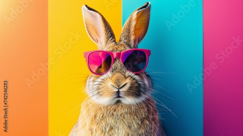 Cute and funny rabbit wearing stylish shades against a vibrant backdrop of rainbow colors © Ameer