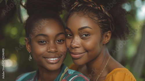 An African American mother embracing her teenage daughter with smiles