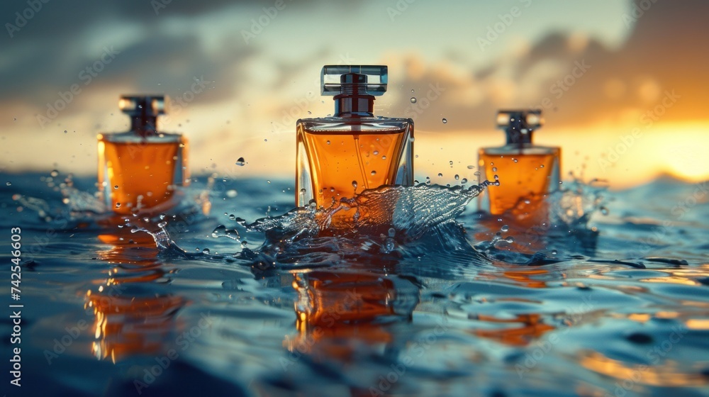 Ads featuring elegant perfume glass bottles displayed on the surface of water - obrazy, fototapety, plakaty 