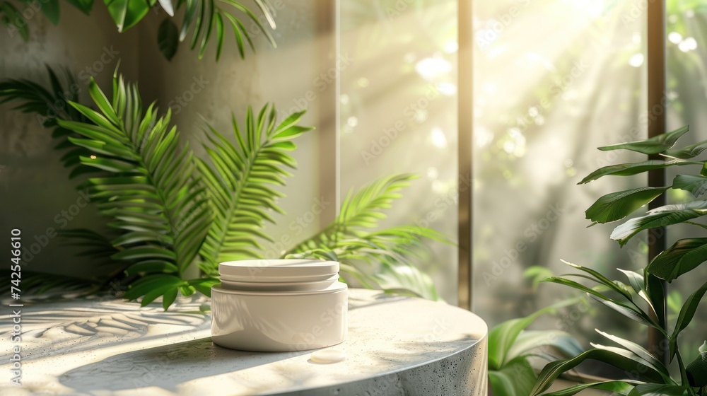 cream in packaging on a white stand, with sunlight streaming in through a window and lush tropical plants