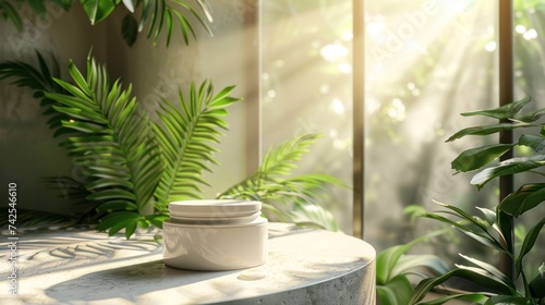 cream in packaging on a white stand, with sunlight streaming in through a win...