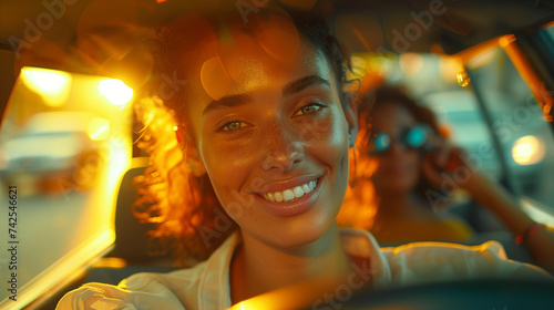 Smiling woman driving a car with sunset in the background