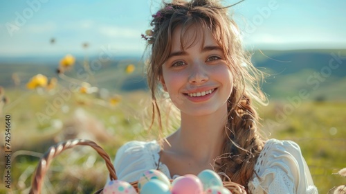 The beautiful girl in the white dress is smiling and looking at the camera in...