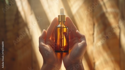 Mockup featuring a glass bottle with a dropper lid held in female hands