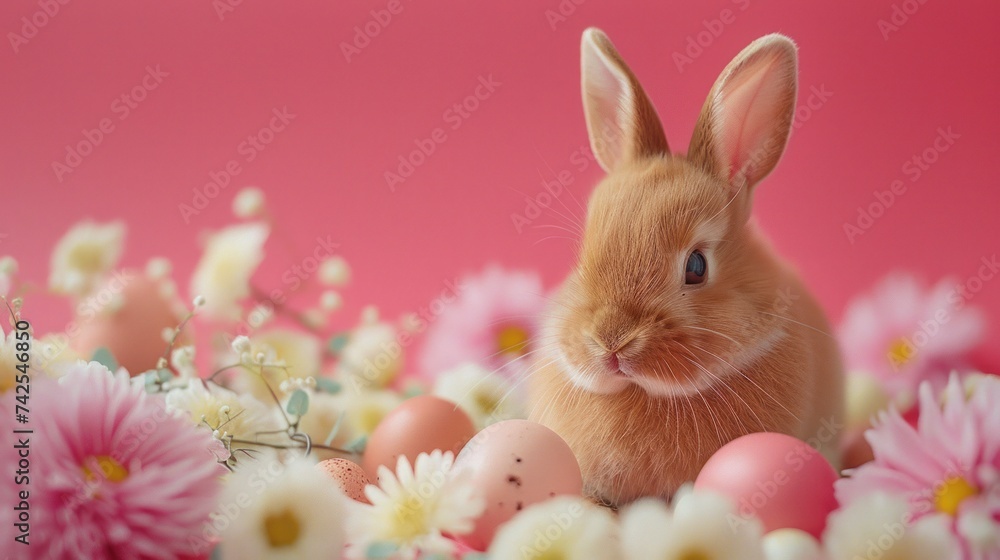 cute eater natural background with eggs and bunny and copy space for text