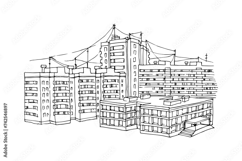The school is in the courtyard of a residential area. Panel houses from the 70s. Vector illustration in black ink, isolated on a white background in a doodle and hand drawn style.