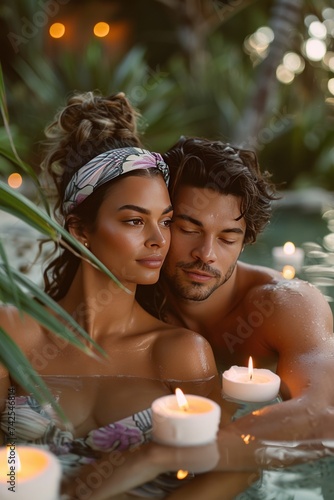 A calm couple wearing spa headbands, relishing a tranquil moment surrounded b...
