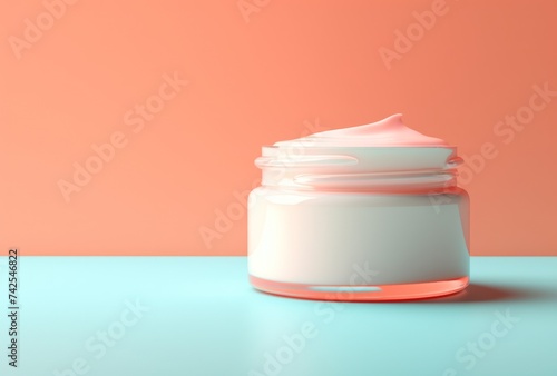 a jar of cream sitting on a pink background