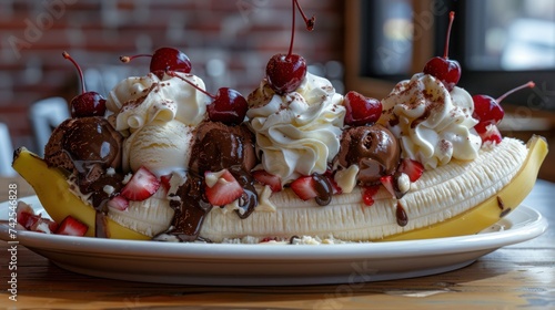 a banana split, with scoops of vanilla, chocolate, and strawberry ice cream, ...