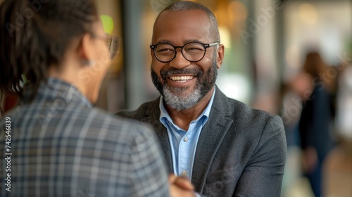 A middle-aged businessman smiles as he shakes hands with his partner
