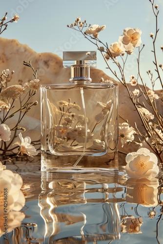 A freesia eau de toilette advertisement showcases a glass bottle in front of ...