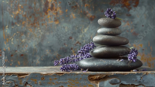 Still life composition in a spa setting featuring a stack of stones and lavender