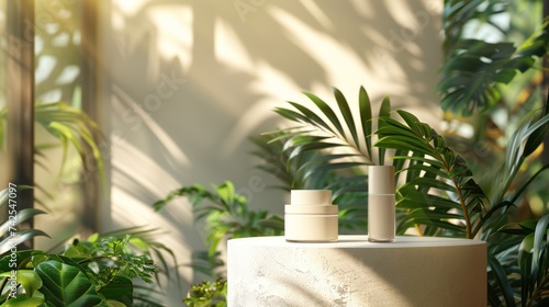cream in packaging on a white stand, with sunlight streaming in through a win...