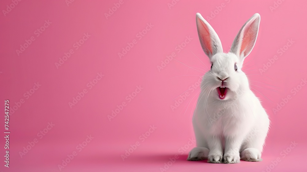 Cute white bunny with a happy expression on a plain background, ideal for Easter greetings and decorations Cute white bunny with a happy expression on a plain background, ideal for Easter greetings and decorations