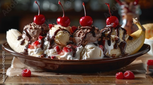 a banana split, with scoops of vanilla, chocolate, and strawberry ice cream, ...