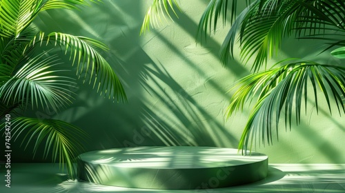 Green Abstract Background with Palm Leaf Shadow for Presenting Cosmetic Produ...