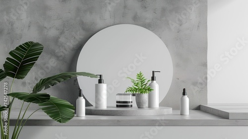Product display podium scene with a gray stage background featuring a leaf pl...