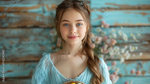 A beautiful girl in a blue sundress stands and looks at the camera smiling ag...