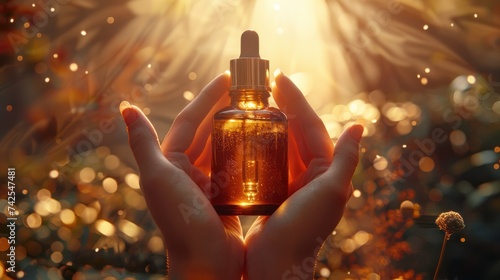 Mockup featuring a glass bottle with a dropper lid held in female hands