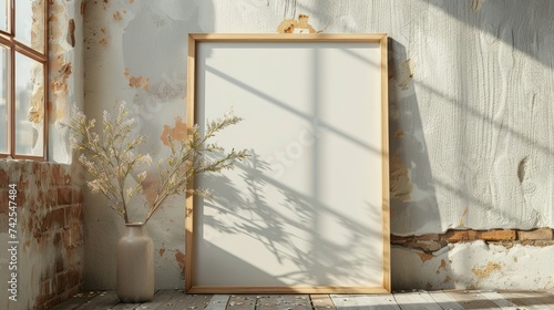 Close-up of a mockup poster frame against an interior background