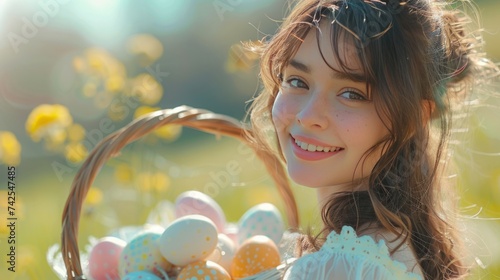 The beautiful girl in the white dress is smiling and looking at the camera in...