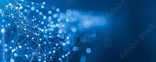 Blue digital network mesh on defocused backdrop, indicating complex connectivity. Copy space, banner