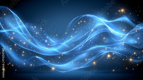 Ethereal blue waves with sparkling particles on a navy background, depicting motion and energy