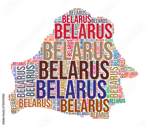 Belarus country shape word cloud. Typography style country illustration. Belarus image in text cloud style. Vector illustration.